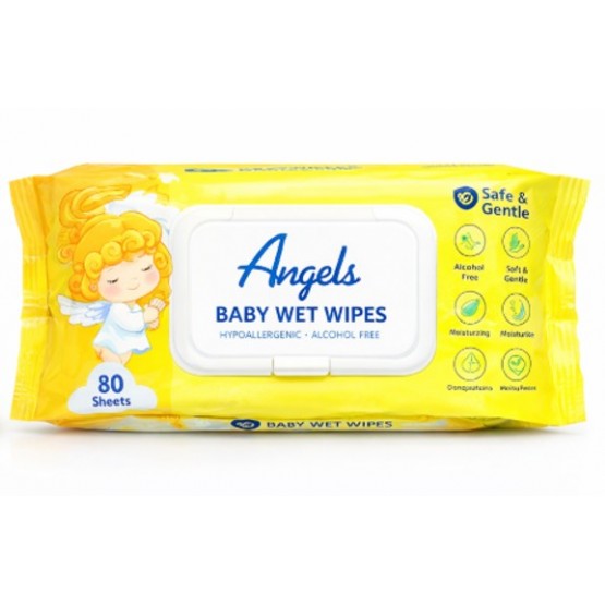 Angels Baby Wipes Alcohol Free Hypoallergenic Anti-Bacterial 80 Wipes